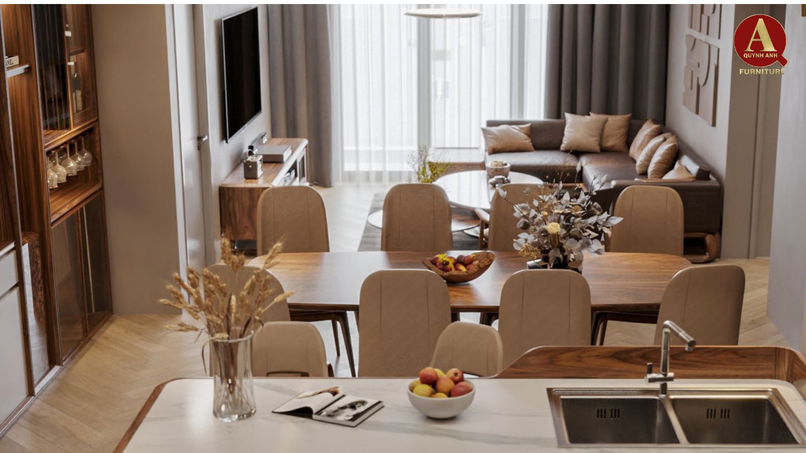 nội thất phòng khách gỗ óc chó