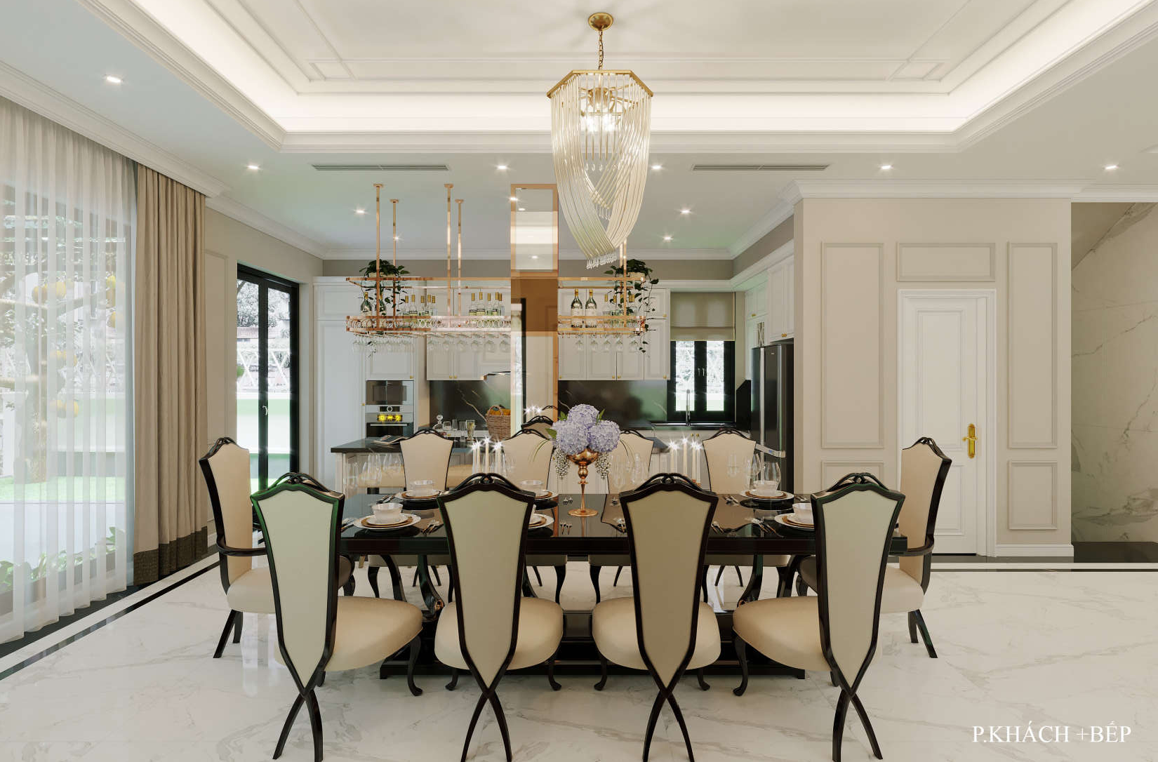 Thiết kế tủ bếp phong cách tân cổ điển của Nội thất Quỳnh Anh thi công cho biệt thự Vinhomes Riverside Long Biên, Hà Nội